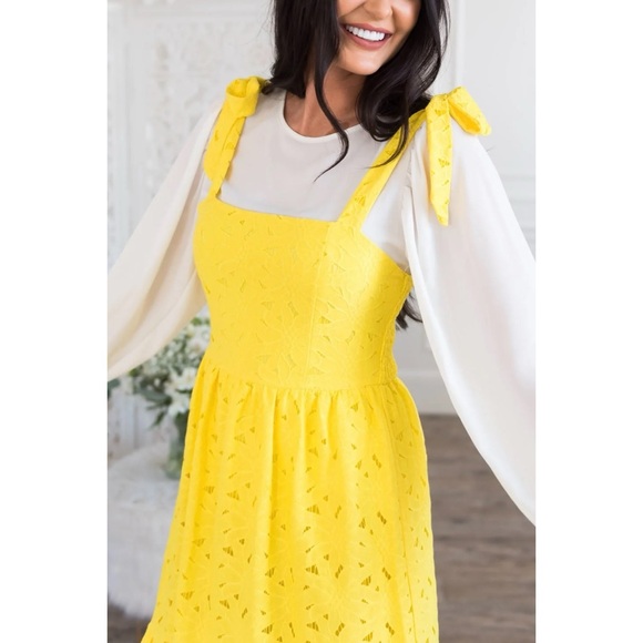 Flying Tomato Sunny Yellow Floral Eyelet Double Ruffle Maxi Dress - Picture 11 of 13